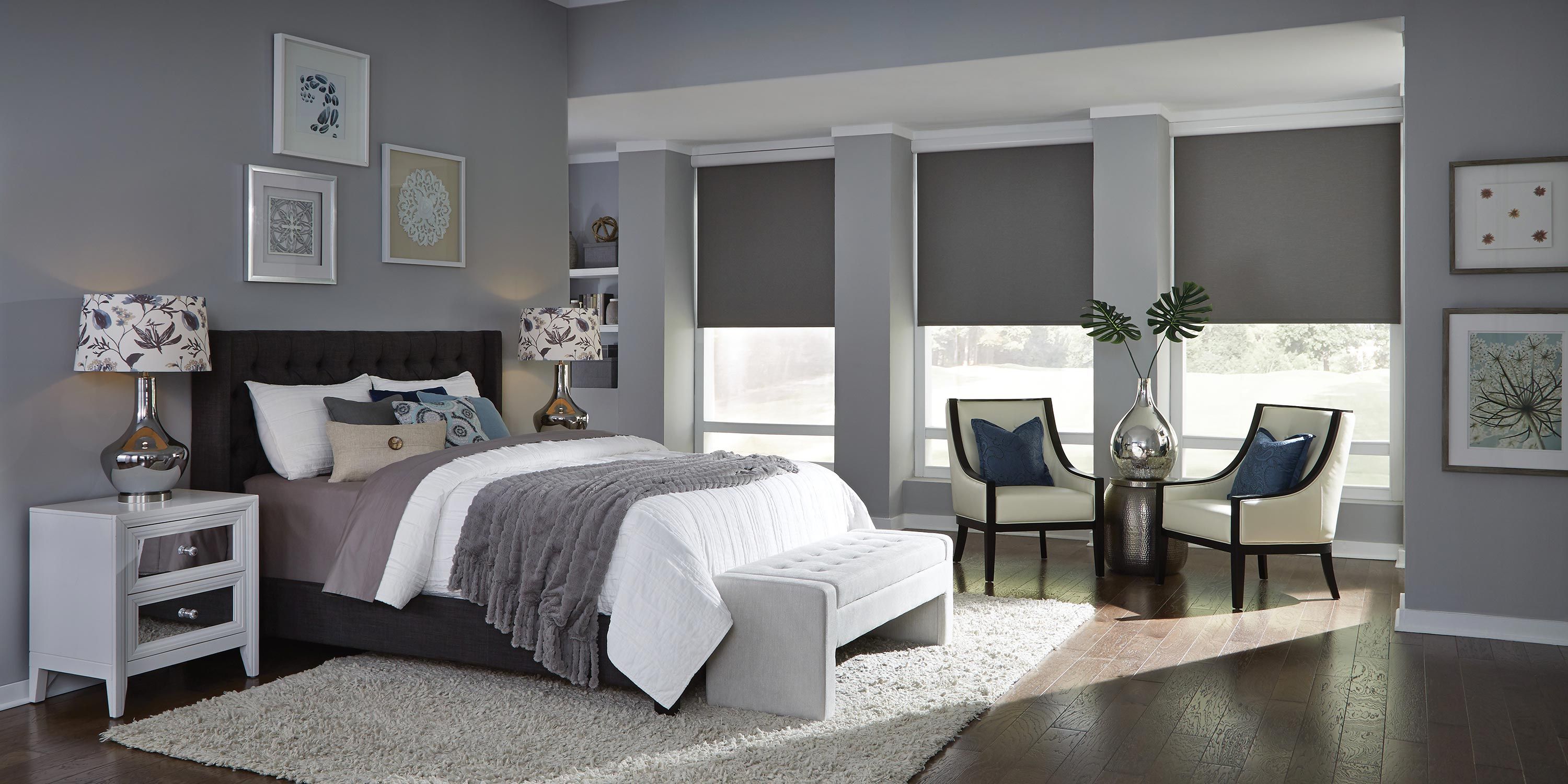 Lutron grey and white bedroom
